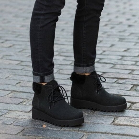 Eileen Fisher Kenille Wedge Bootie Size 6 Black Suede Genuine Shearling Trim NEW - Picture 1 of 14